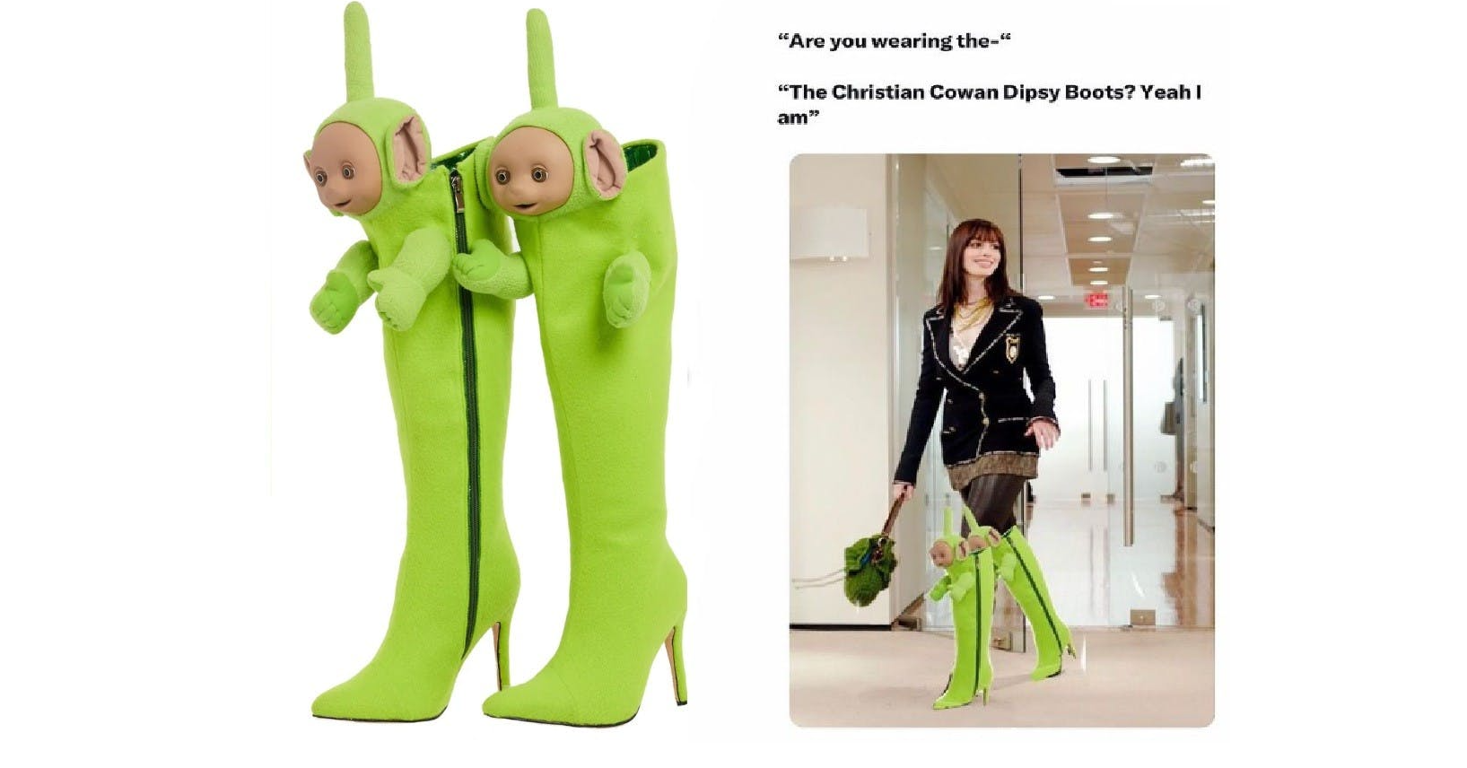 照片中提到了"Are you wearing the-"、"The Christian Cowan Dipsy Boots? Yeah I、am”,包含了天線寶寶靴、天線寶寶、開機、天線寶寶、天線寶寶 8 會說話的 Dipsy 毛絨毛絨玩具