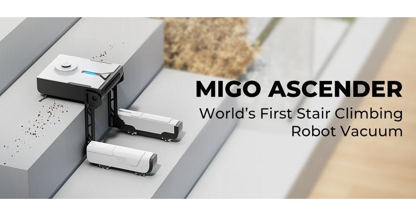 照片中提到了MIGO ASCENDER、World's First Stair Climbing、Robot Vacuum,包含了打印機、辦公用品、產品設計、打印機、文本