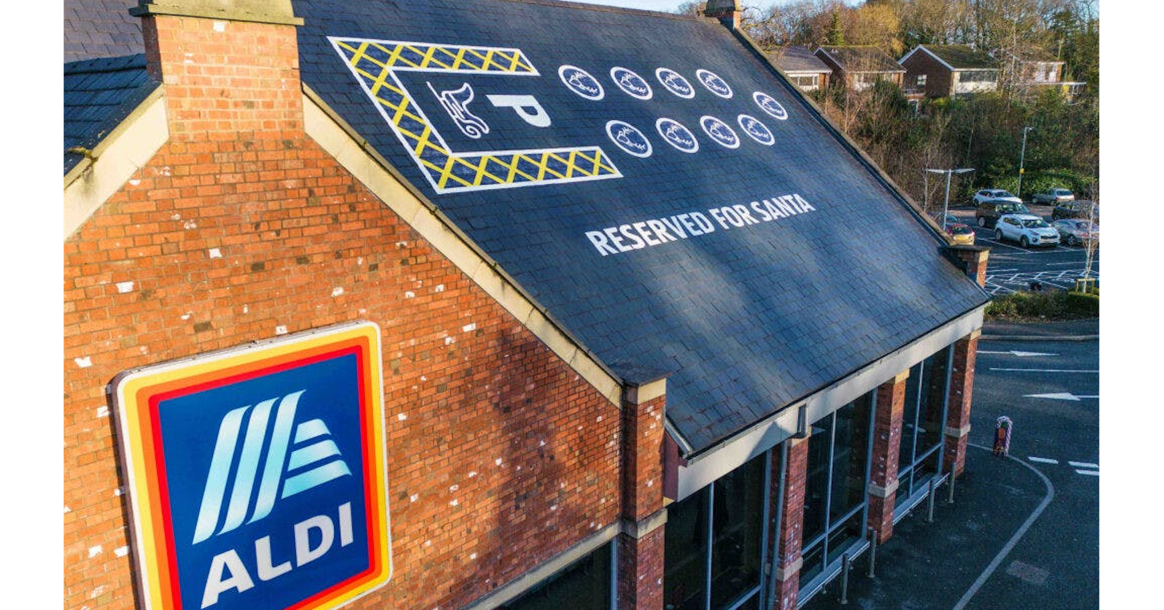 照片中提到了ALDI、OO、RESERVED FOR SANTA，跟阿爾迪有關，包含了標牌、超級市場、阿爾迪、財經新聞