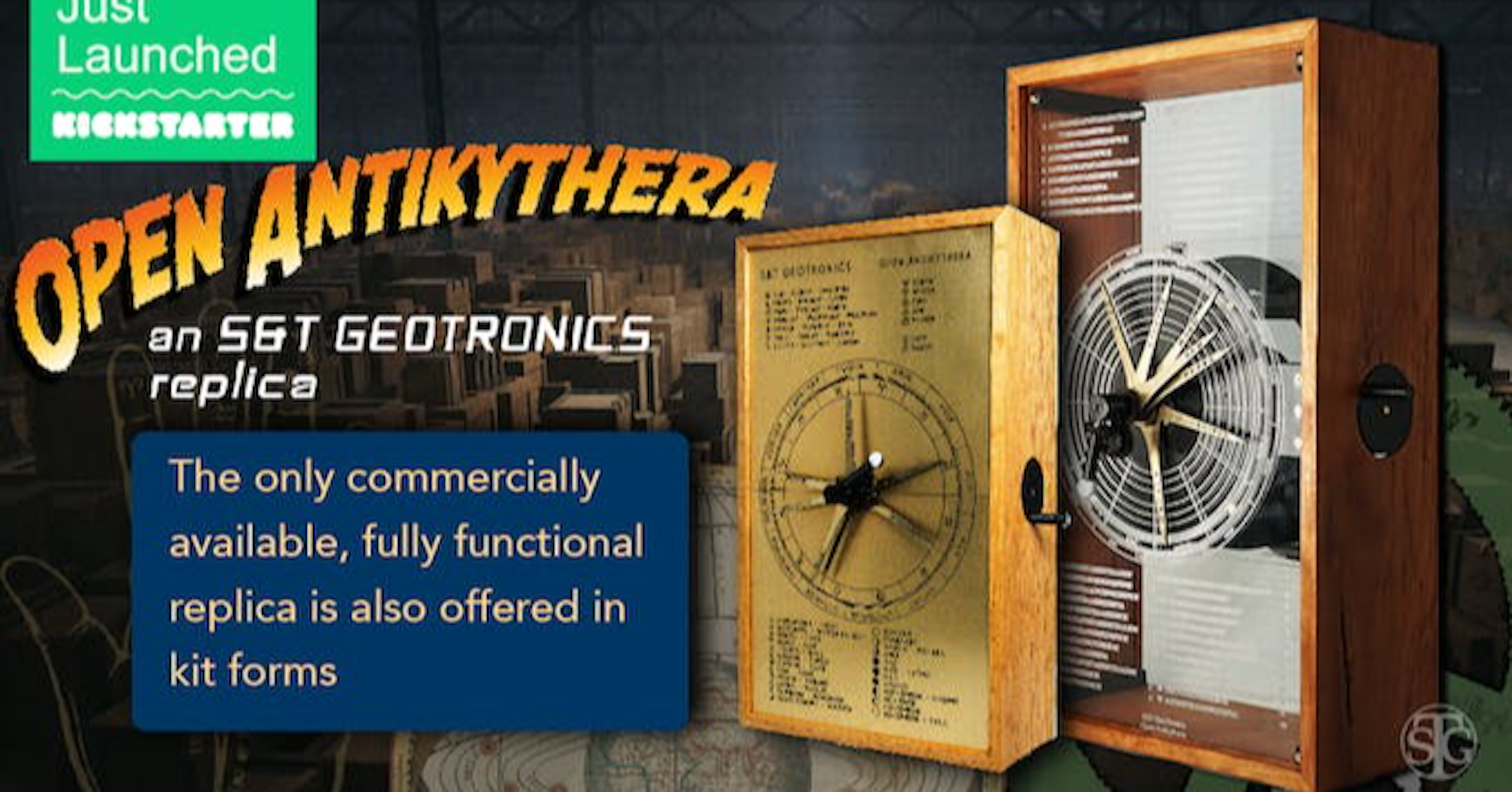 照片中提到了Launched、KICKSTARTER、OPEN ANTIKYTHERA，包含了字形、儀表、教科書