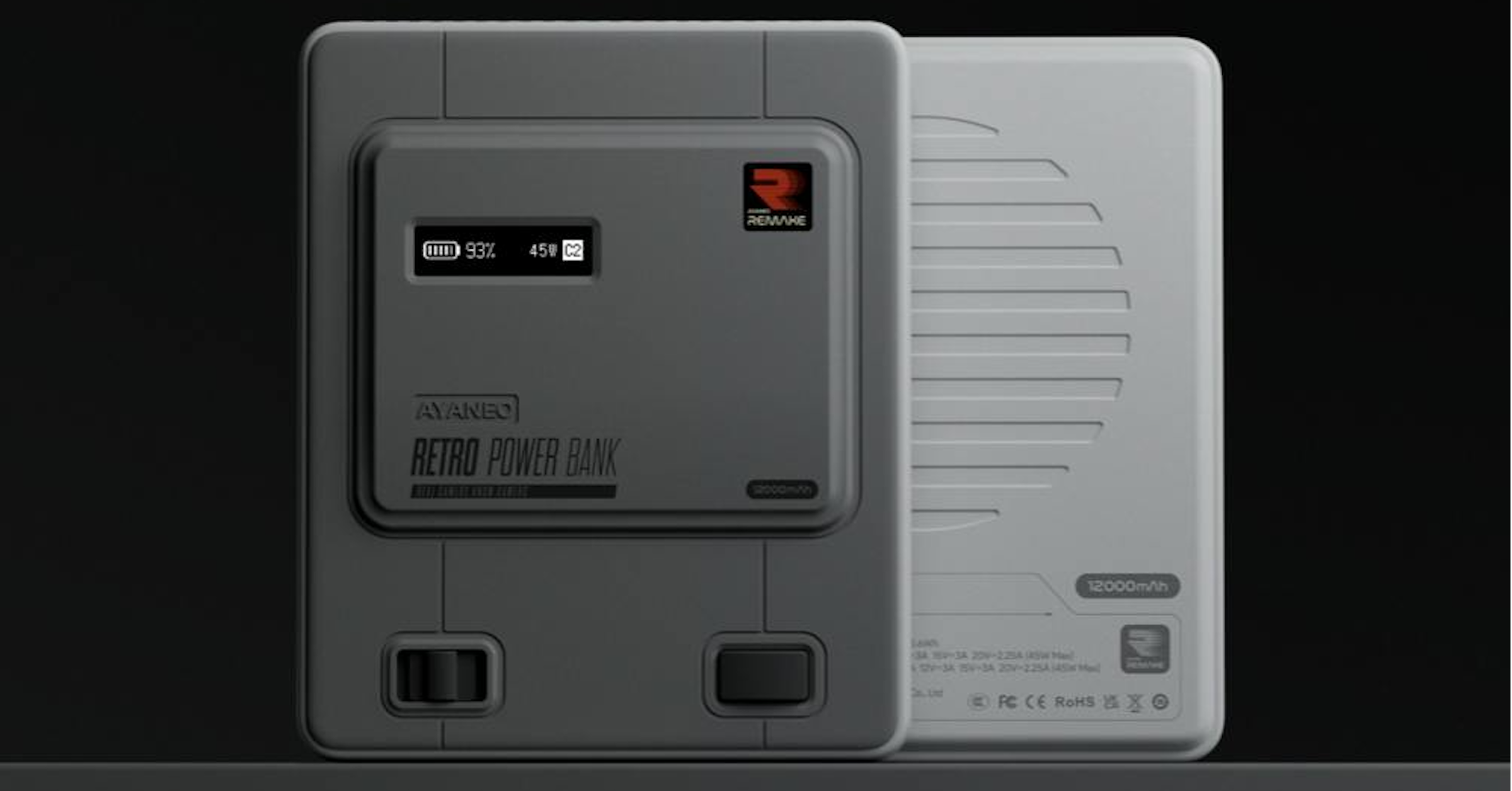 照片中提到了um 93% 45、AYANEO、RETRO POWER BANK，包含了充電寶、超級任天堂娛樂系統、充電寶、綾乃、行動電源.in