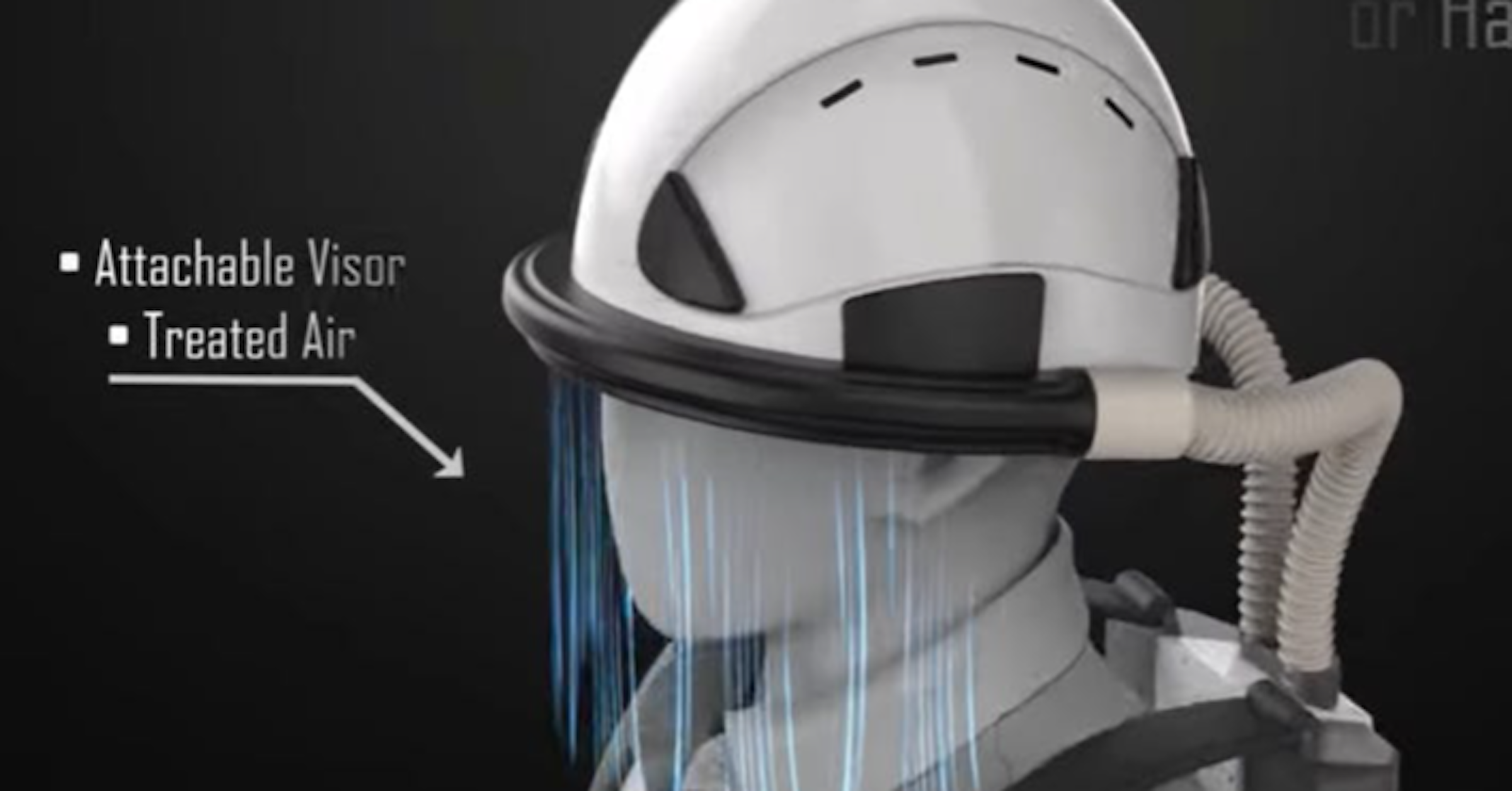 照片中提到了Attachable Visor、■ Treated Air、ог па，包含了口罩、面具、密西根大學、行業、口罩
