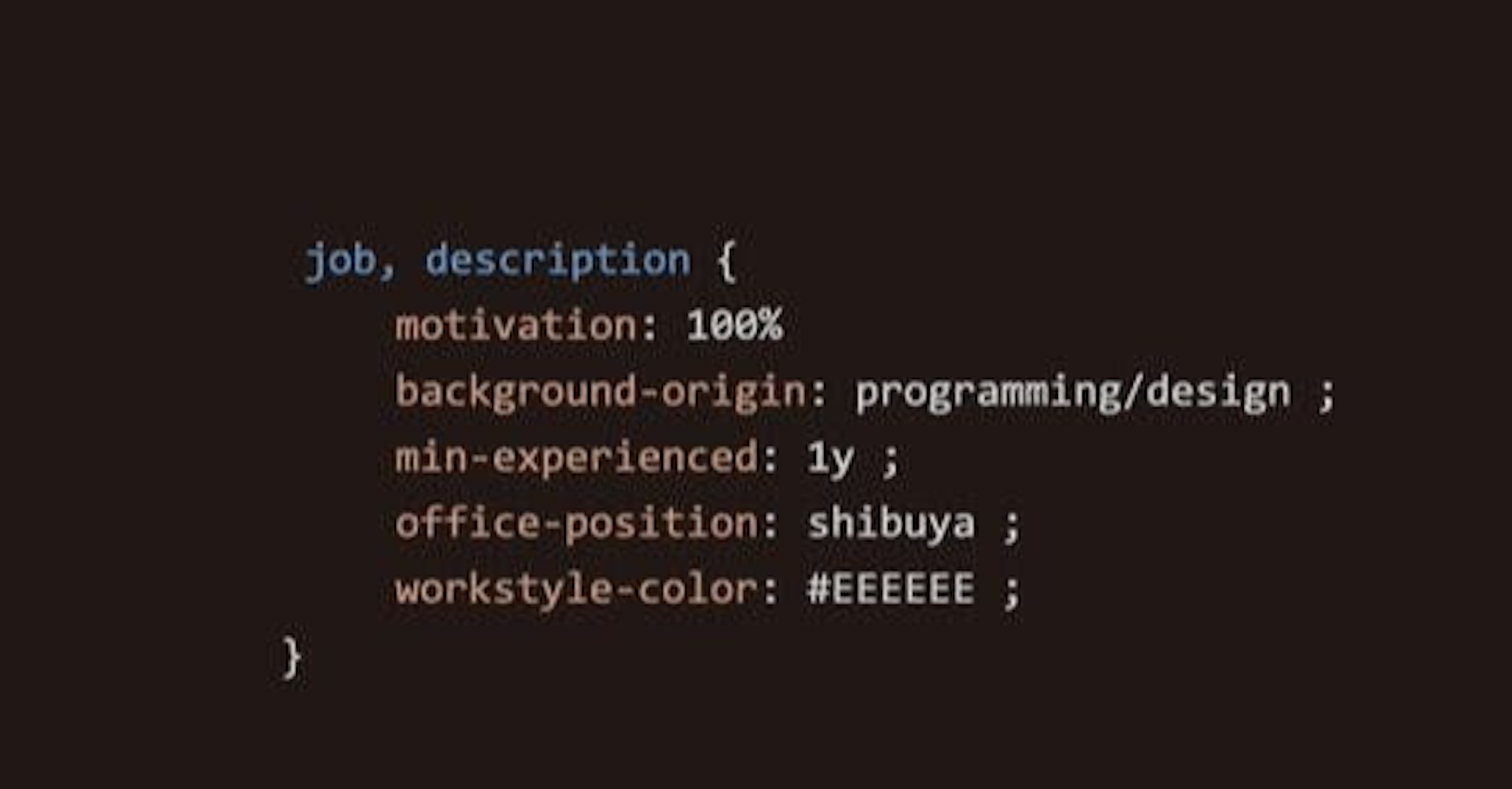 照片中提到了job, description {、motivation: 100%、background-origin: programming/design;，包含了黑暗、文本、儀表