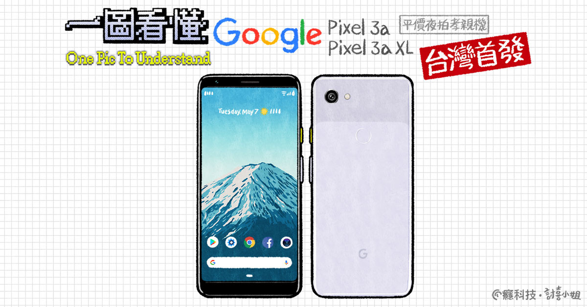 一圖看懂Google 手機Pixel 3a、Pixel 3a XL 台灣首發：平價夜拍孝親機