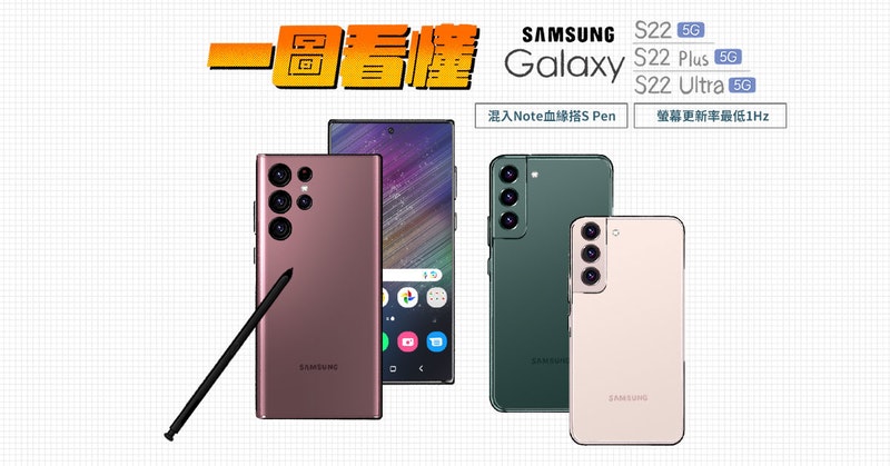 一圖看懂 Samsung Galaxy S22、S22 Plus、S22 Ultra：混入Note血緣搭S Pen、螢幕更新率最低1Hz、規格比較整理表