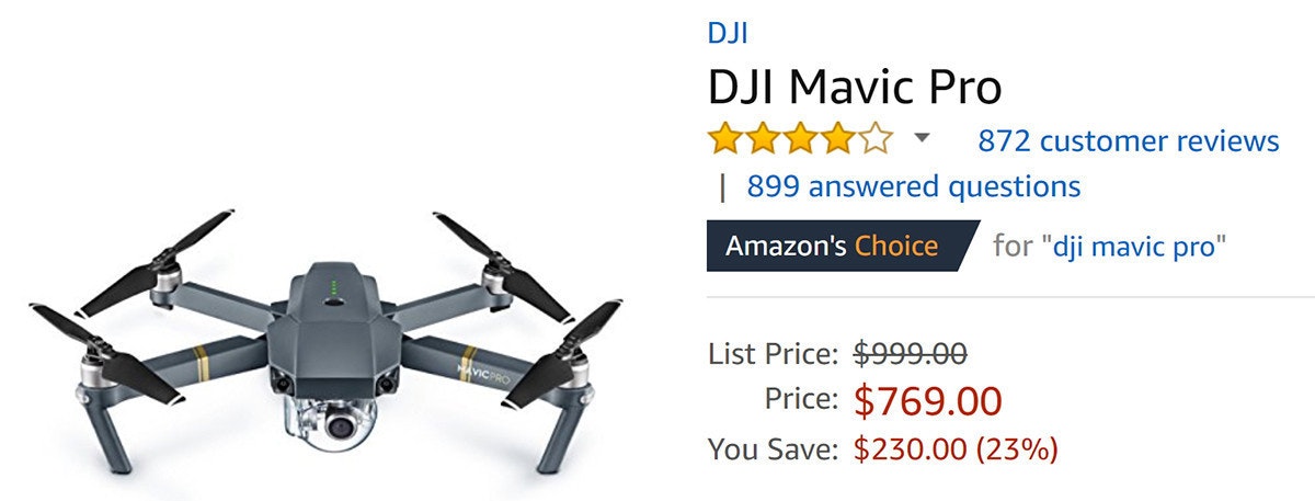 ▲在美國亞馬遜DJI Mavic Pro從原本999美元折到769美元,相當於打了77折的優惠折扣。