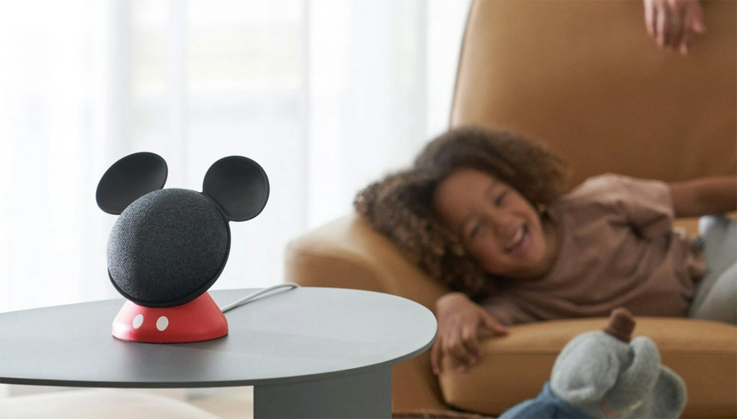 Google Home Mini, , Google, Pixel, Google Store, Mickey Mouse, , , , The Verge, Google Home Mini, furniture, table, communication, product