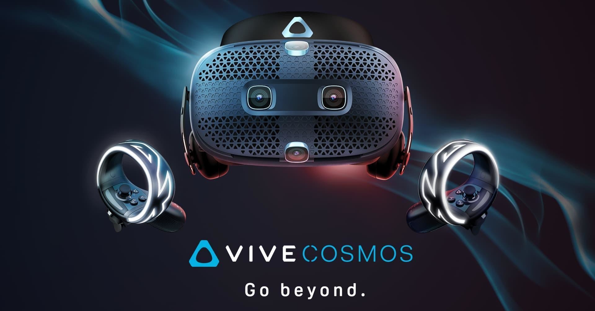 照片中提到了OVIVECOSMOS、Go beyond.，包含了HTC Vive、Oculus裂谷、HTC Vive宇宙、虛擬現實耳機、宏達電