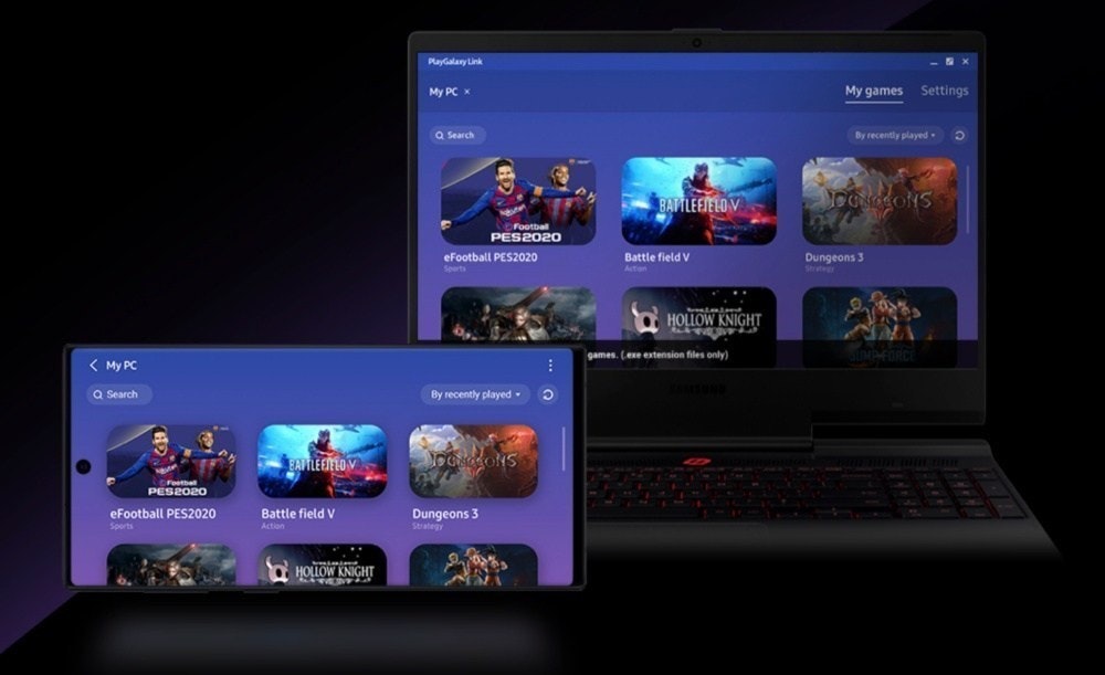 照片中提到了PayGalary Link、My PC x、My games Settings,包含了三星playgalaxy鏈接遊戲、三星Galaxy Note 10、三星集團、三星、手機遊戲