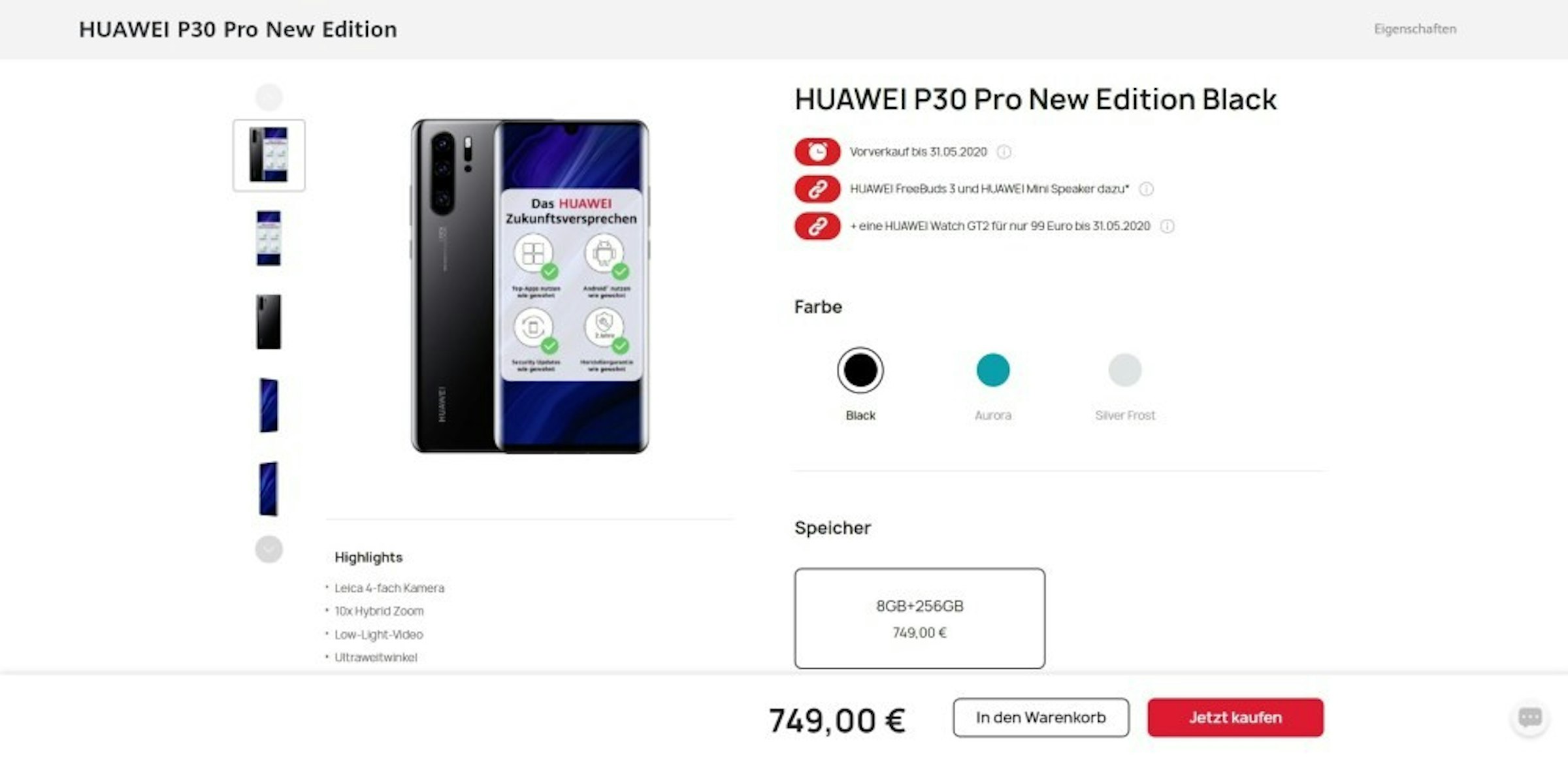 照片中提到了HUAWEI P30 Pro New Edition、Eigenschaften、HUAWEI P30 Pro New Edition Black，包含了軟件、手機、華為P30 Pro、了華為、Google行動服務