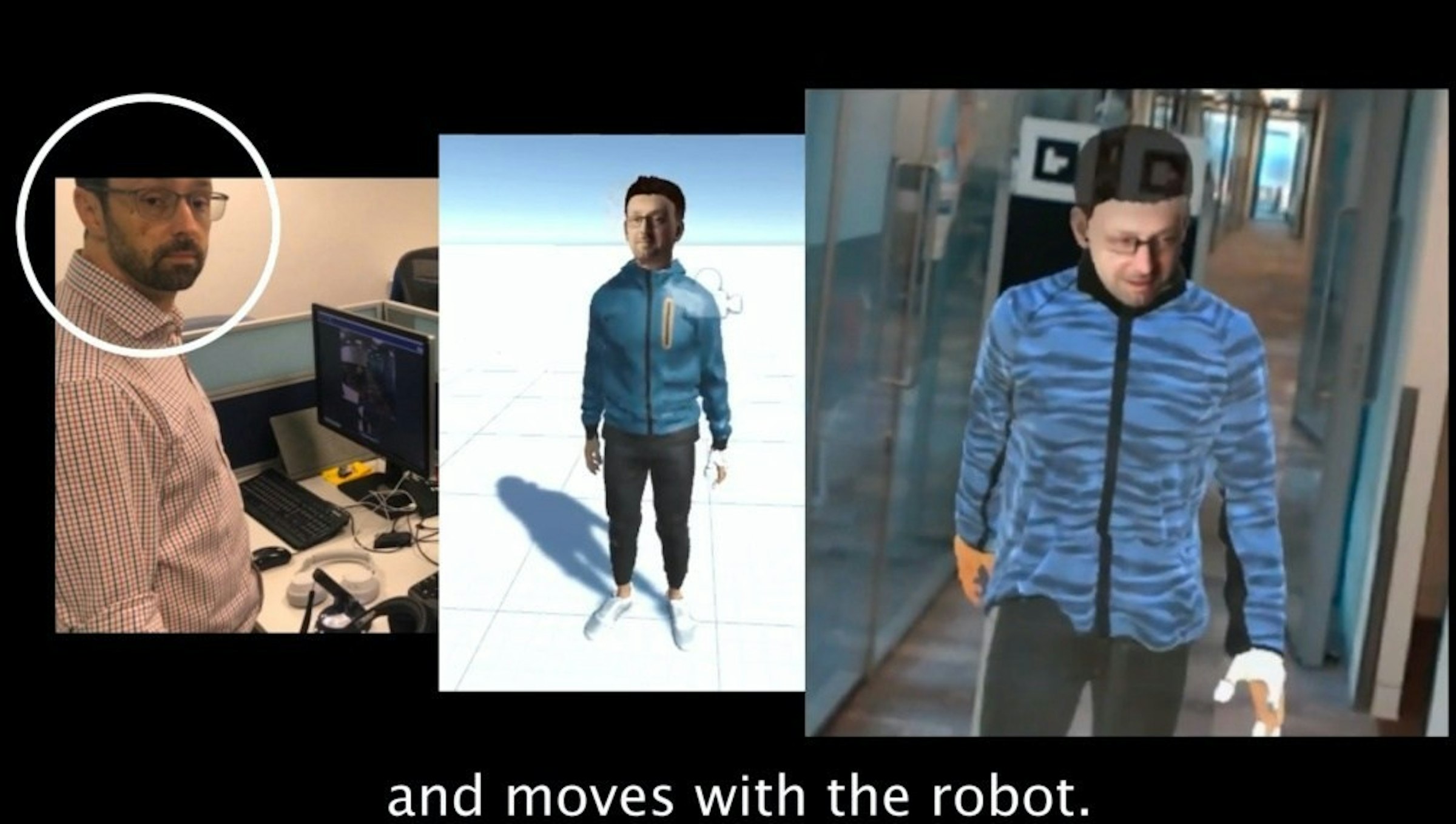 照片中提到了and moves with the robot.，包含了紳士、微軟公司、增強現實、機器人、人工智能