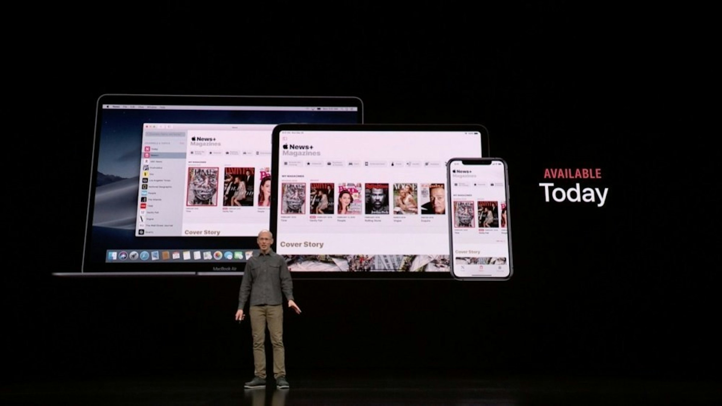 照片中提到了News、News+、Magazines，包含了蘋果、蘋果、蘋果新聞、訂閱業務模式、蘋果電視