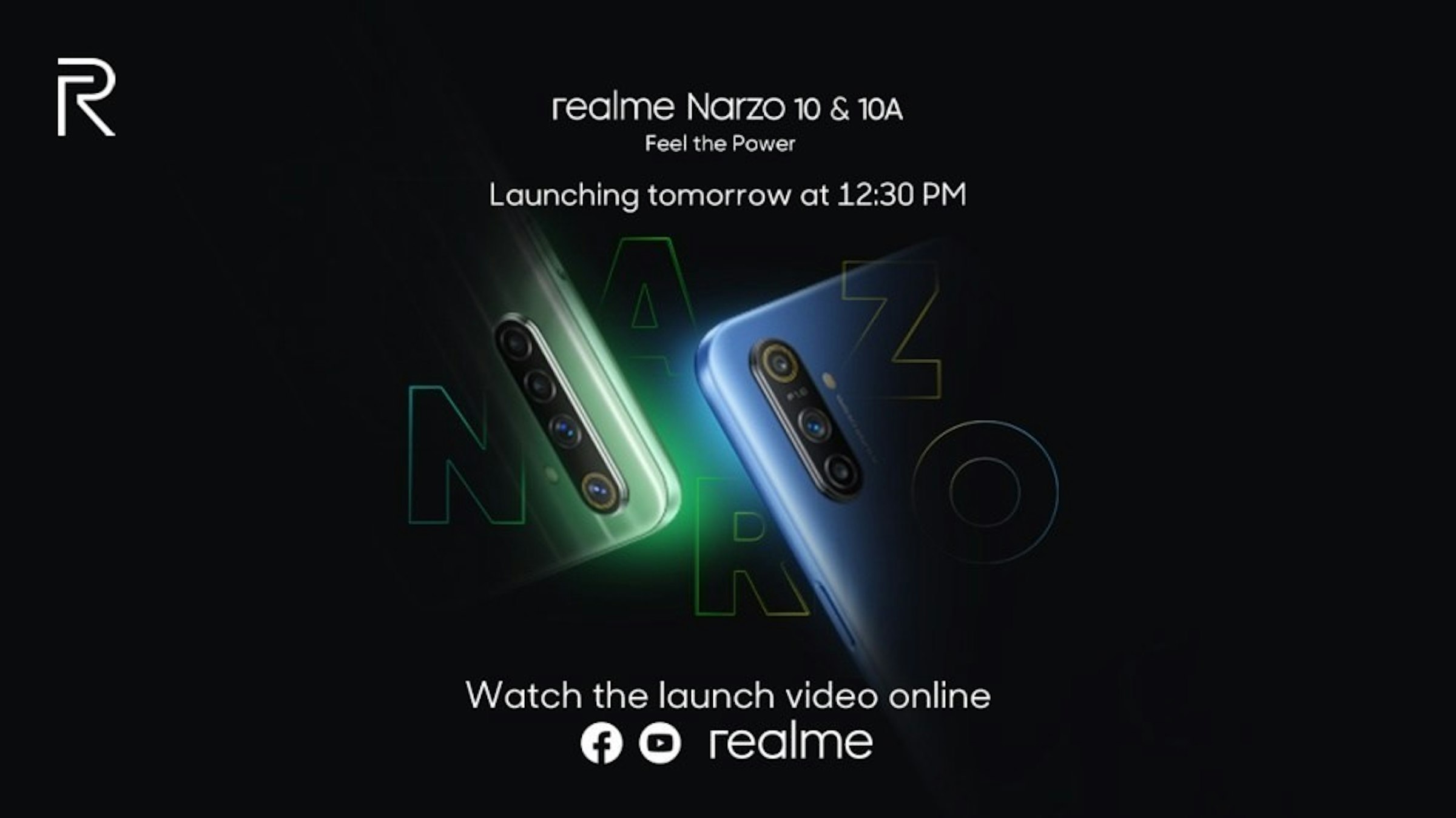 照片中提到了realme Narzo 10 & 10A、Feel the Power、Launching tomorrow at 12:3O PM，包含了Realme Narzo 10a、Realme、手機、Realme、Realme C3