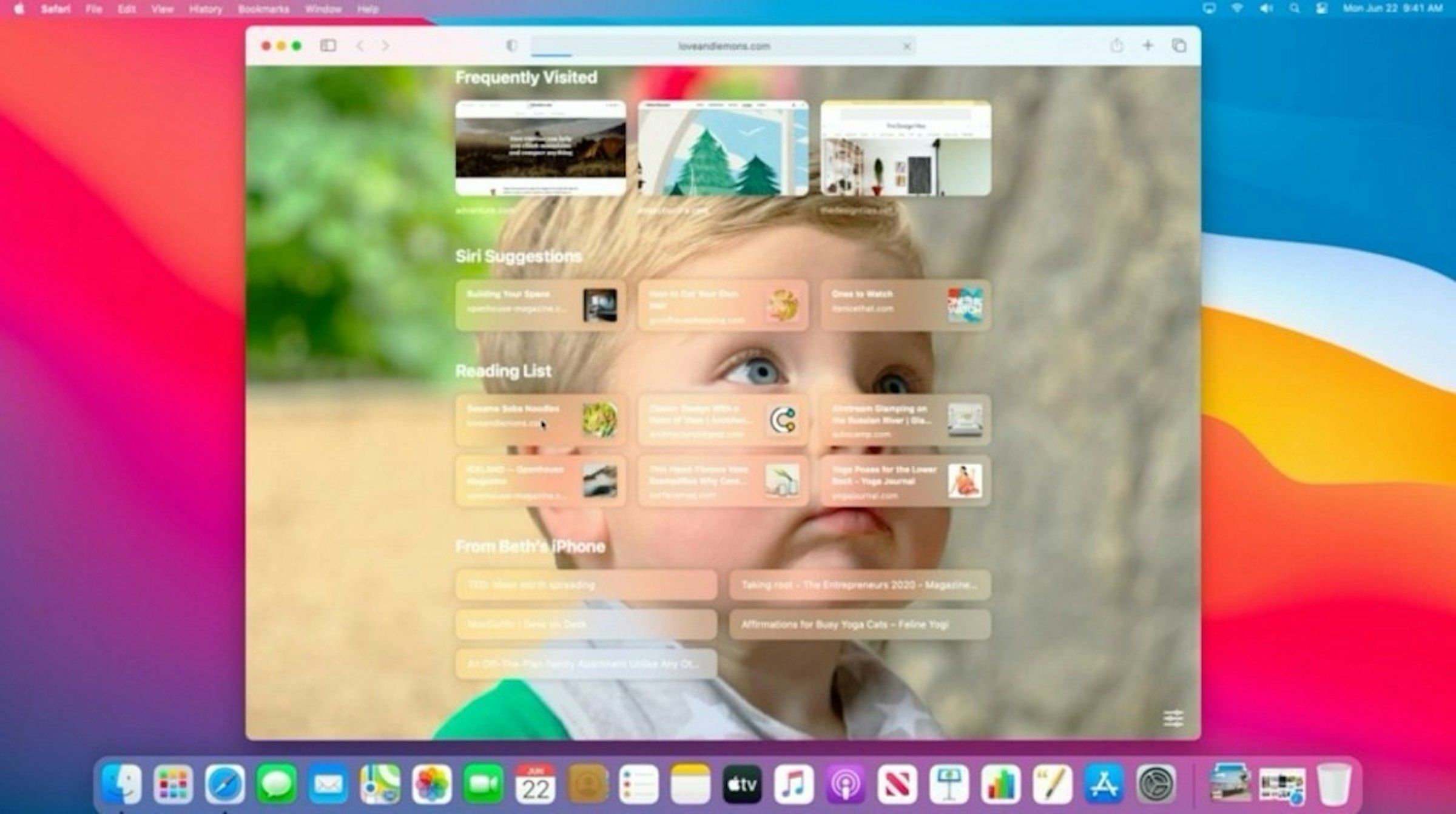 照片中提到了Edt Vie Hatory Bookmarks Window H、Mon Jun 2241 AM、.. D >，包含了macos big sur、2020蘋果全球開發者大會、macOS大蘇爾、的MacBook、蘋果