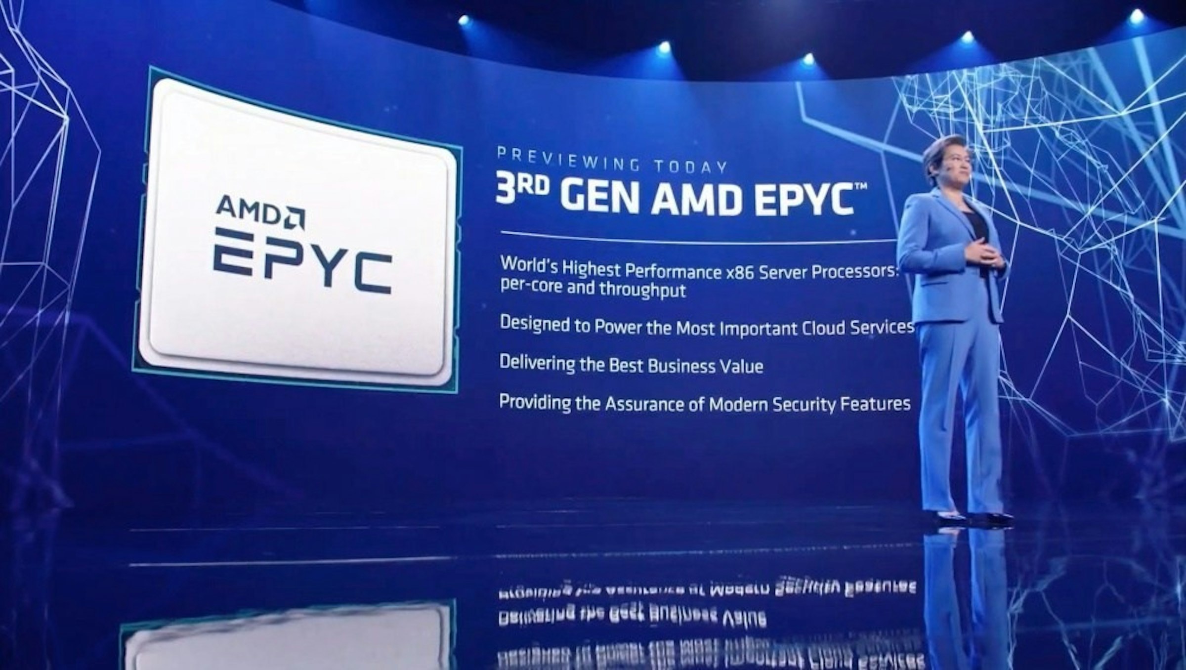 照片中提到了PREVIEWING TODAY、3RD GEN AMD EPYC"、AMDA，跟Advanced Micro Devices公司有關，包含了顯示裝置、py、中央處理器、雷岑、禪宗3
