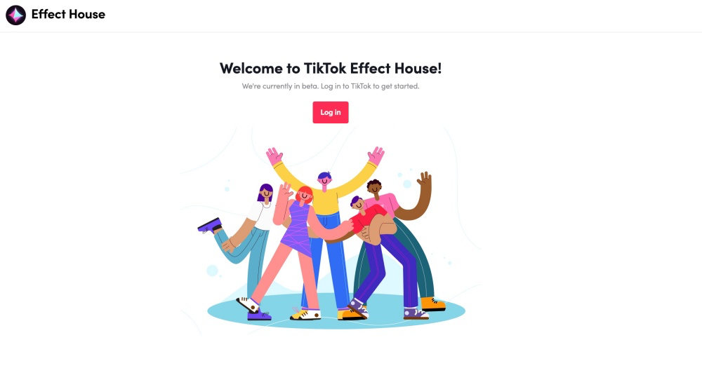 照片中提到了Effect House、Welcome to TikTok Effect House!、We're currently in beta. Log in to TikTok to get started.，包含了動畫片、馬什迪吉、產品設計、牌、增強現實