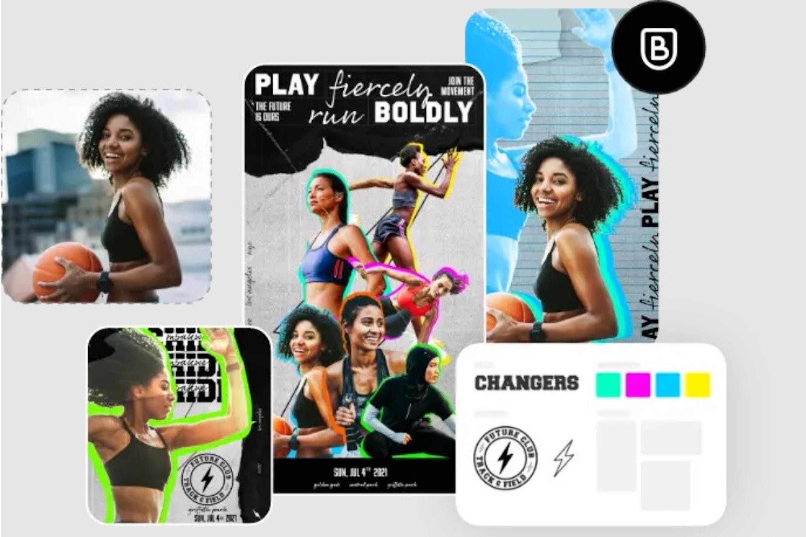照片中提到了B、PLAY fiercely A、rún BOLDLY，跟玩有關，包含了平面設計、Adobe Creative Cloud、土坯、Adobe 火花、電腦
