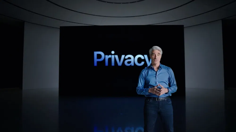 照片中提到了Privacy，包含了介紹、克雷格·費德里希（Craig Federighi）、蘋果全球開發者大會、蘋果、蘋果手機
