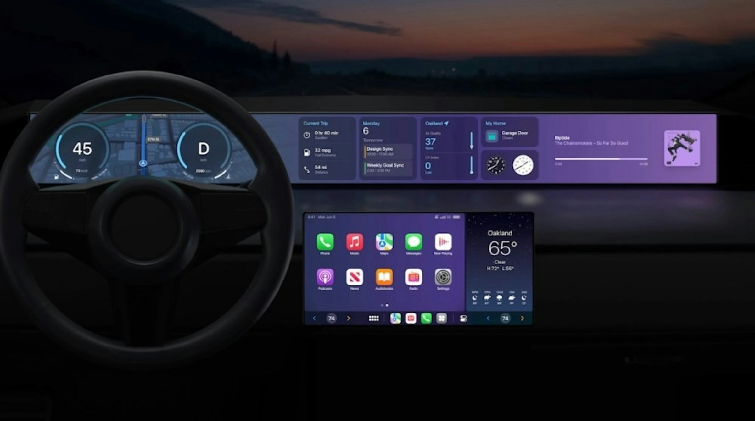 照片中提到了45、D、Current Trip，跟網野有關，包含了新蘋果carplay、汽車、汽車遊戲、蘋果全球開發者大會、蘋果