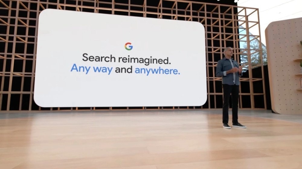 照片中提到了G、Search reimagined.、Any way and anywhere.，包含了介紹、2022 年谷歌 I/O、谷歌、谷歌鏡頭、Google Pixel