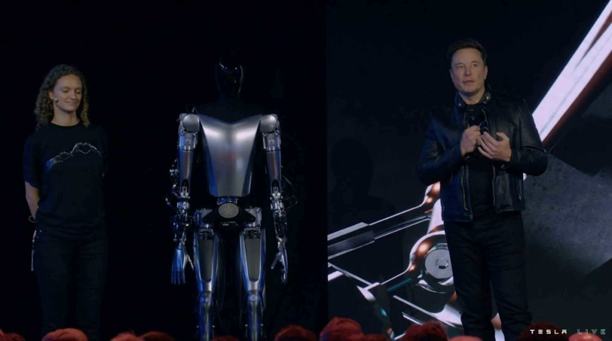 照片中提到了TESLA LIVE，包含了特斯拉機器人、麝香、特斯拉公司、電動車、汽車