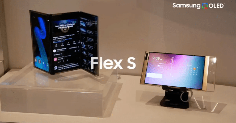 照片中提到了Samsung OLED、Flex S、OAB RS，包含了顯示裝置、顯示裝置、消費電子展 2022、三星Galaxy Note系列、三星