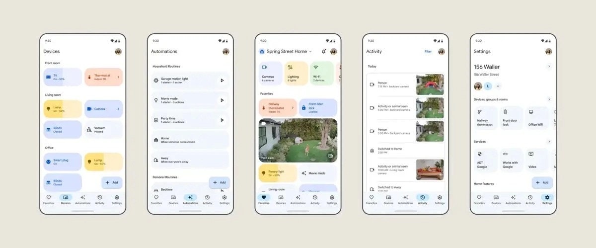 照片中提到了9:30、Devices、Front room,包含了谷歌、Google I / O、Google Nest、谷歌、安卓系統