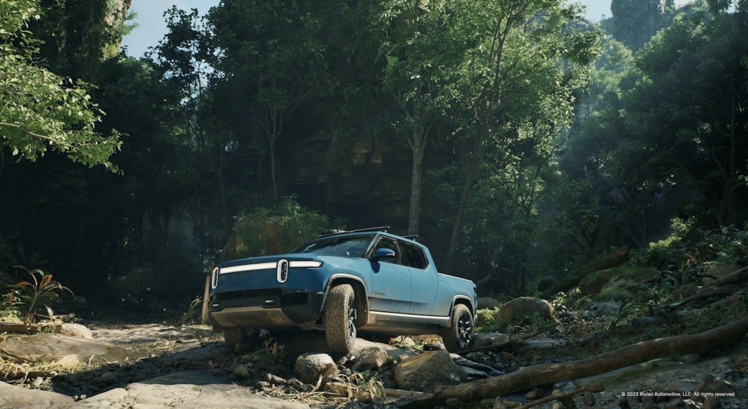 照片中提到了2023 Rivian Automotive, LLC. All rights reserved，包含了虛幻引擎、虛幻引擎、虛幻、里維安 R1T、史詩遊戲