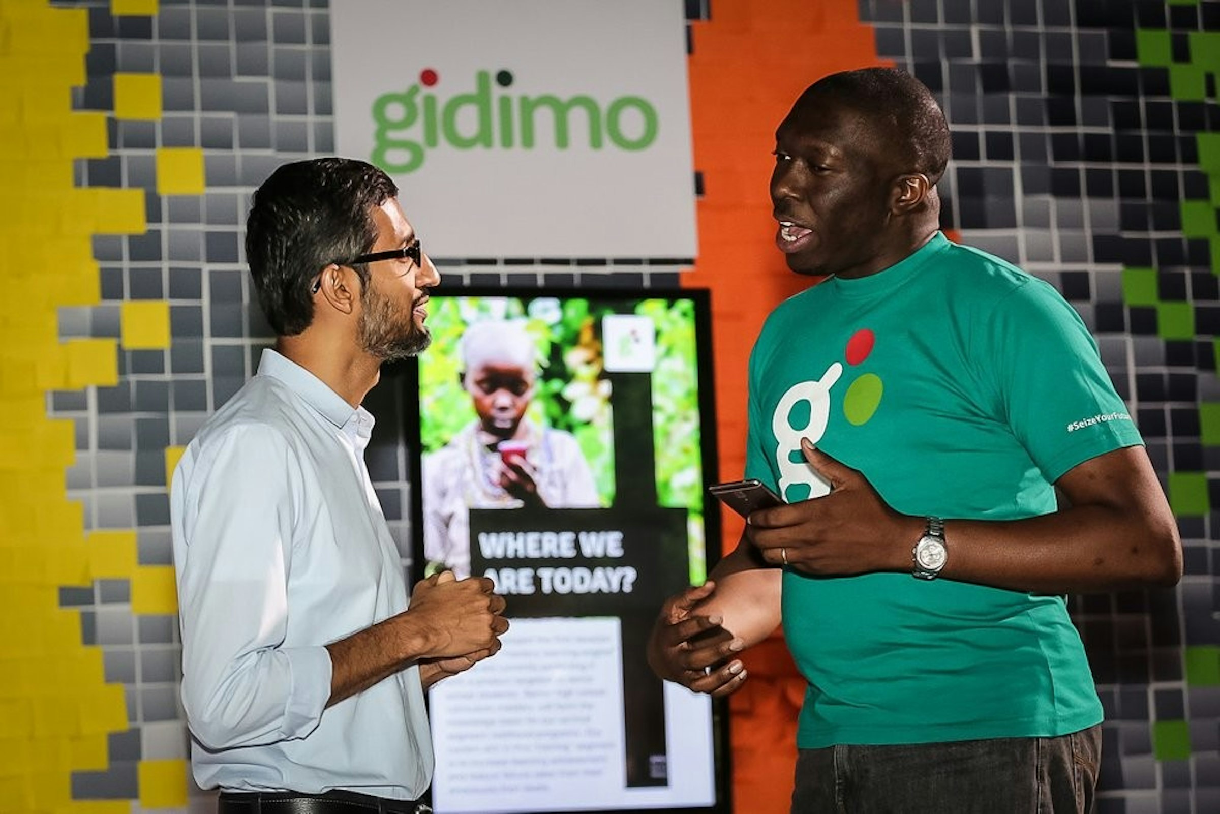 照片中提到了gidimo、WHERE WE、RE TODAY?，包含了好玩、桑達爾·皮猜（Sundar Pichai）、谷歌有限責任公司、非洲、谷歌