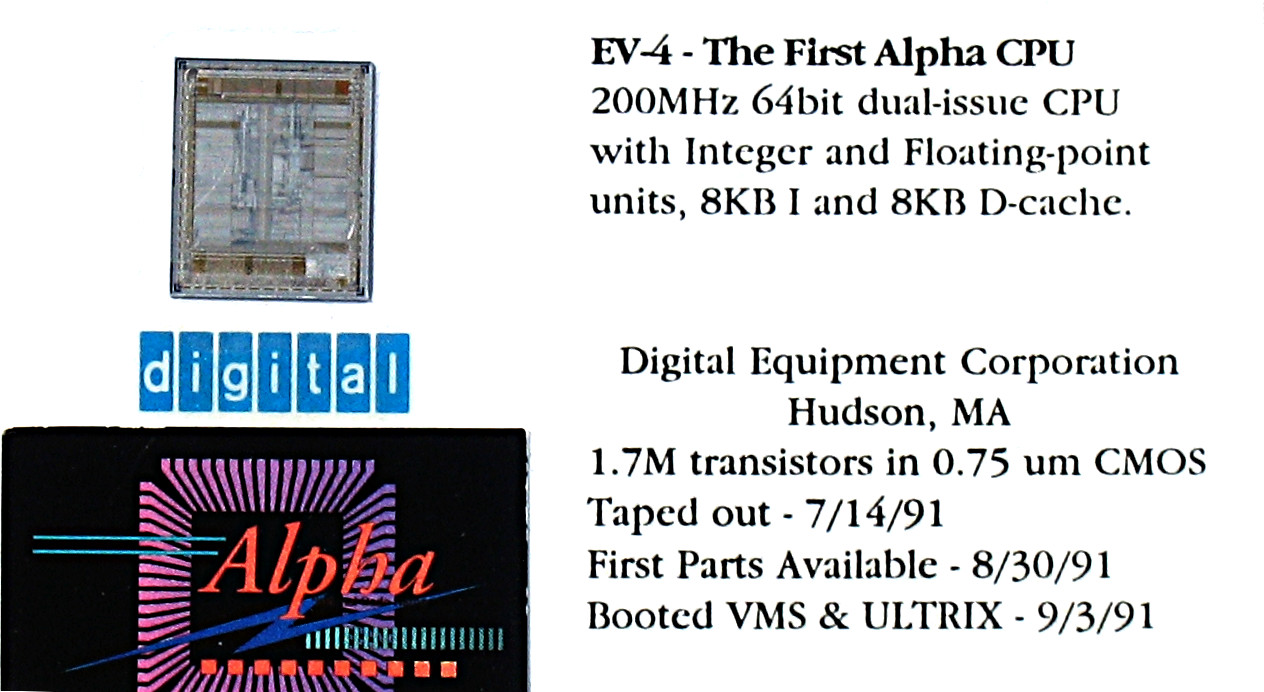 照片中提到了EV-4 - The First Alpha CPU、%3D、200MHZ 64bit dual-issue CPU，包含了十二月阿爾法CPU、十二月阿爾法、數碼設備公司、阿爾法 21064、中央處理器