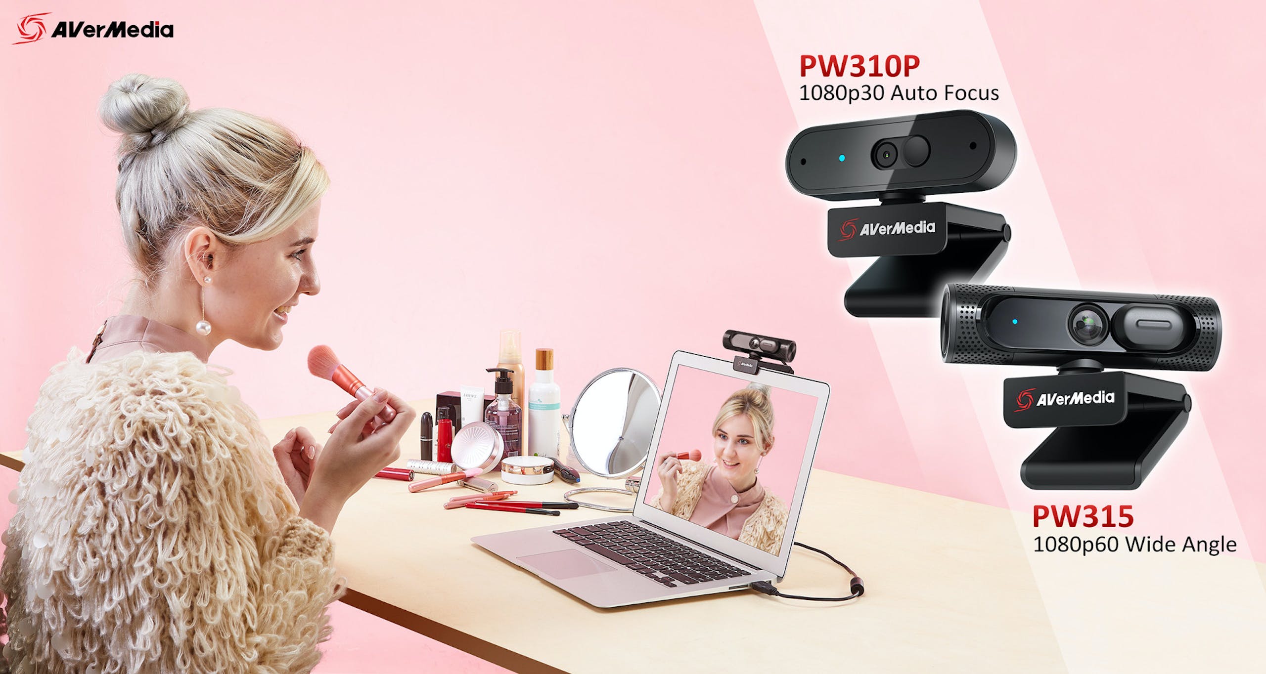 照片中提到了AVerMedia、PW310P、1080p30 Auto Focus，包含了麥克風、麥克風、圓剛科技、攝像頭、圓剛PW315
