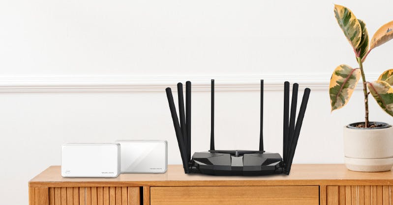 照片中包含了水星公司、水星公司、Mercusys AC1300 全屋網狀 Wi-Fi 系統、無線上網、無線路由器