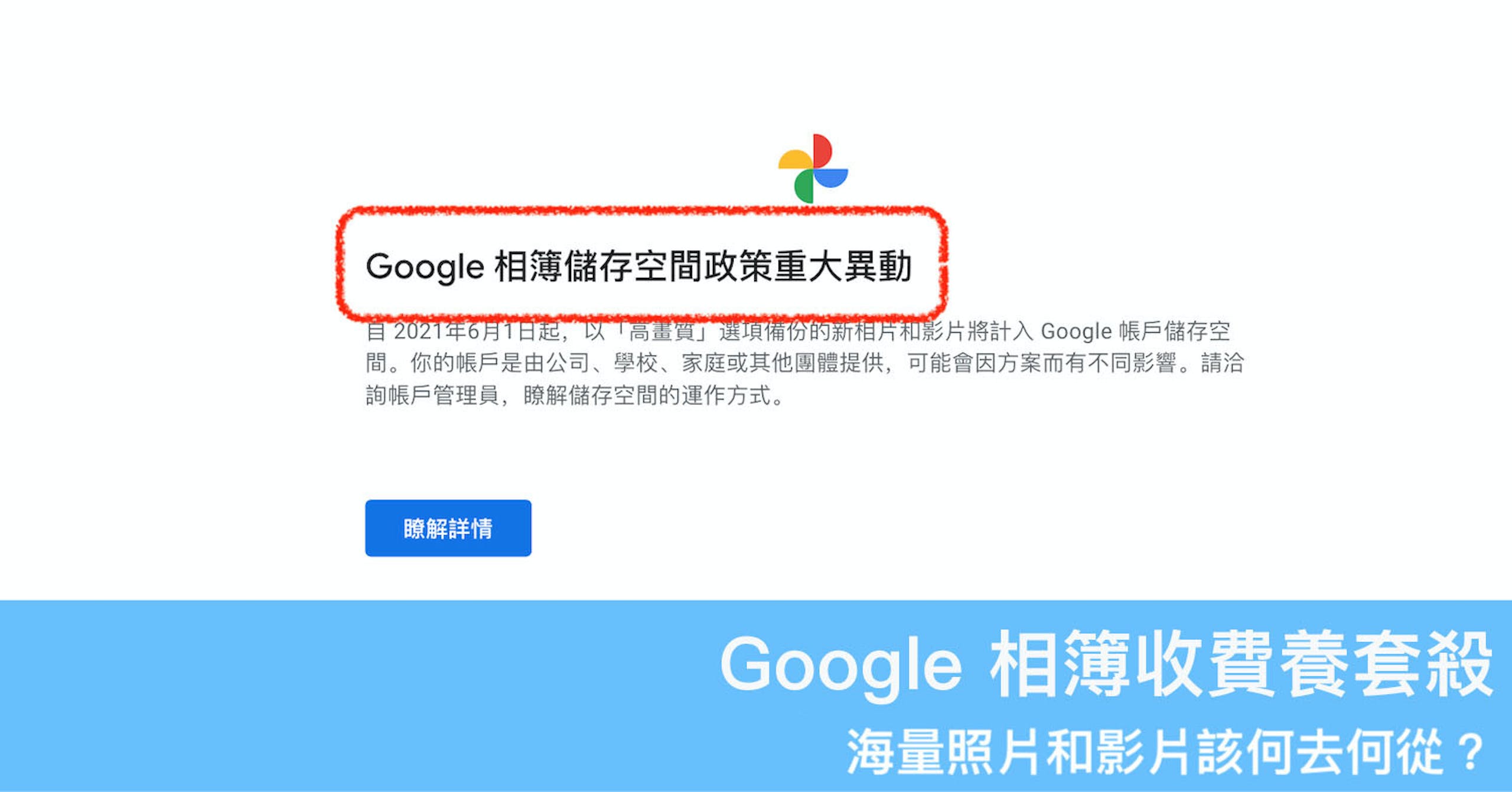 照片中提到了Google 相簿儲存空間政策重大異動、自2021年6月1日日起,以「高畫質」選項備份的新相片和影片將計入 Google 帳戶儲存空、間。你的帳戶是由公司、學校、家庭或其他團體提供,可能會因方案而有不同影響。請洽，包含了組織、在線廣告、產品、產品設計、牌