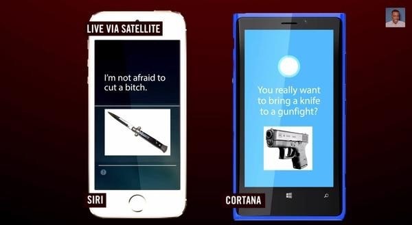 是Cortana 脫口秀節目大戰 Siri，還嗆 Siri 說：「Ｏ子，妳是聾了嗎？」這篇文章的首圖
